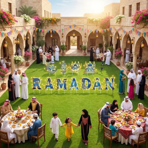 11 Pcs Ramadan Mubarak Yard Signs 7 Letters 4 Signs with Stakes and 2 Rolls String Lights Eid Mubarak Party Yard Sign Lawn Decorations Party Decorations for Home Front Door Garden Decor - Image 5