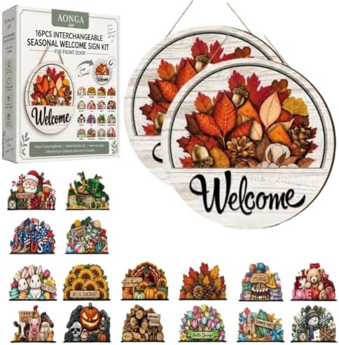 16PCS Interchangeable Welcome Sign for Front Door Seasonal Magnetic Wooden by Unknown