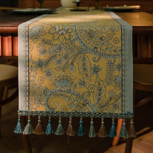 Spring Floral Table Runner 71in Long - Nordic Tail Yellow Embroidery Jacquard with Tassels, Elegant Easter & Mother's Day Decor for Farmhouse Dining Table, Wedding & Dresser (Tail Yellow, 13.7"x71") - Image 2
