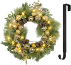 24” Christmas Wreath for Front Door with Lights Hanger Golden Ball Artificial Frosted Evergreen Pine Cones Gilded Forest Foliage Winter Outdoor Décor Indoor Wall Decorations - Image 6