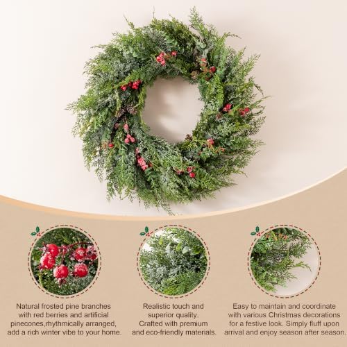 Glitzhome 28"D Christmas Greenery Wreaths,Snow Flocked Artificial Wreath Mixed PE Dripping Wreath with Pinecones & Red Berries, Winter Christmas Wreath for Front Door, Wall, Windows, Home, Xmas Decor - Image 4