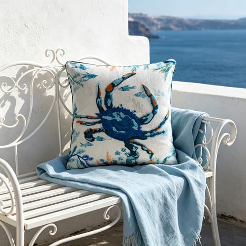 JWH Blue Crab Embroidered Throw Pillow Cover, Summer Pillowcase, 18x18 Inch - Image 2
