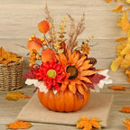 Artificial Pumpkin Fall Décor - Autumn Table Centerpieces with Red Faux Flowers, Maple Leaves, Sunflowers, Pumpkin – Halloween, Thanksgiving & Harvest Home Decoration - Image 3