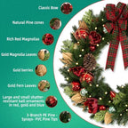 Hykolity 24 Inch Pre-Lit Magnolia Christmas Wreath with 30 Warm White LEDs and Timer, Battery Operated Artificial PE & PVC Wreath with Burgundy Flowers, Ornaments and Plaid Bow for Front Door - Image 4
