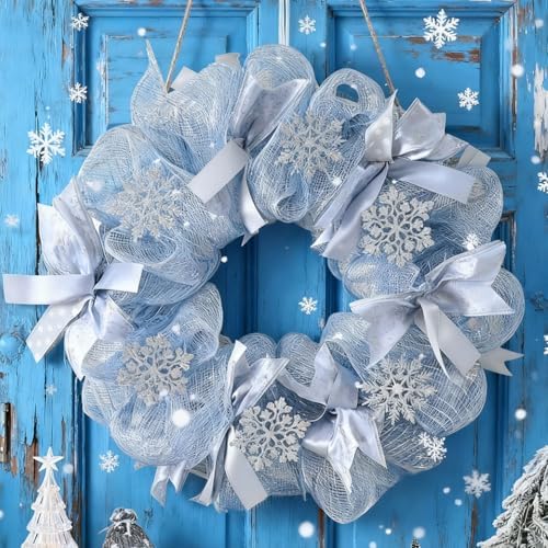 16in Winter Snowflake Wreath for Front Door, Mesh Decor,Snowflakes,16 Inch - Image 6