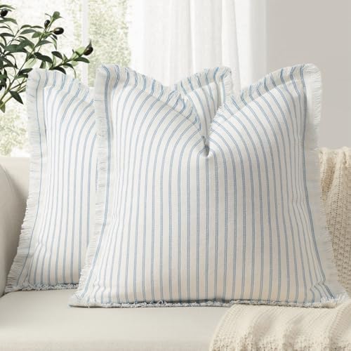 ZWJD Throw Pillow Covers 22x22 Set of 2 Striped Pillow Covers with Fringe Chic Cotton Decorative Pillows Square Cushion Covers for Sofa Couch Bed Living Room Farmhouse Decor (Light Blue) by ZWJD