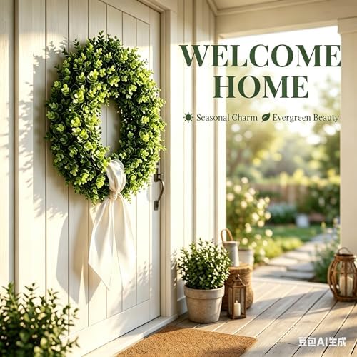 Boxwood Wreaths for Front Door Artificial Green Spring Summer Wreaths Farmhouse Door Hanger,Year Round Door Wreath Wedding and St Patricks Day Decorations Indoor Outside use- with Off White sash-20 - Image 4