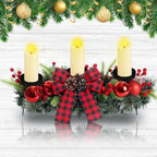 meekoo Christmas Centerpiece with 3 Candle Holders 3 LED Candles 1 String Lights Xmas Triple Candelabrum Red Buffalo Plaid Bow Berry with 3 Candle Holders for Tables Home Decorations by meekoo