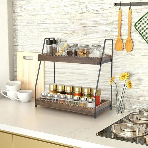 Gurfuy Bathroom Vanity Organizer 2-Tier Wood Countertop Storage Counter Shelf for Makeup Skincare Perfume Jewelry Tray Spice Rack Brown - Image 6