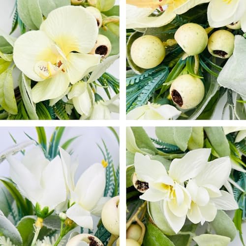 White Orchid Wreath for Front Door, 22 Inch Spring Summer Wreath with Soft Lamb's Ear and Cream Berries, Handcrafted Artificial Floral Wreath for Farmhouse, Indoor and Outdoor Year-Round Decor - Image 3