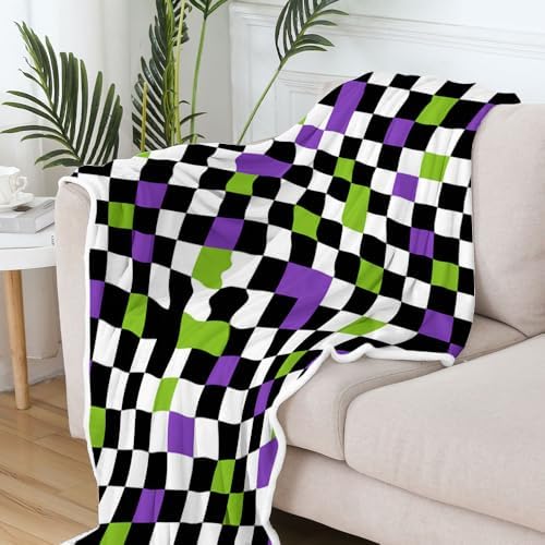 JAWO Halloween Gothic Checkerboard Throw Blanket, Purple Lime Green Black White Plaid Plush Flannel Blanket, Spooky Grid Decor Couch Bed Blanket 60X90 Inches - Image 4