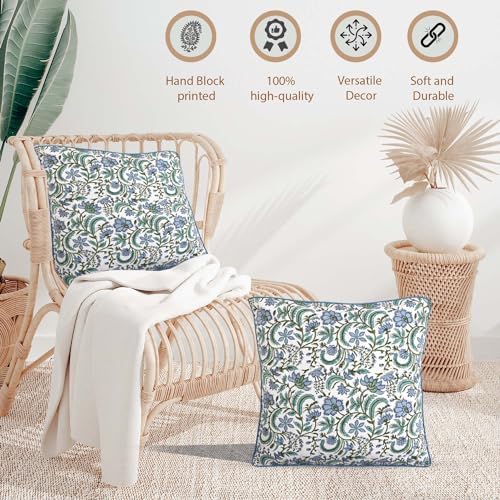 Ridhi Block Print Columbia Blue Cotton Pillow Cover 24" x 24" (Set of 2) - Image 4