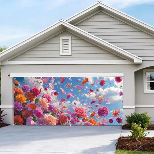 7 * 16FT Summer Garage Door Cover Decorations Sunset Palm Trees Garage Door Banner for Outdoor Indoor Summer Party Photography Backdrop (spring flower, 7 * 16 ft) - Image 7