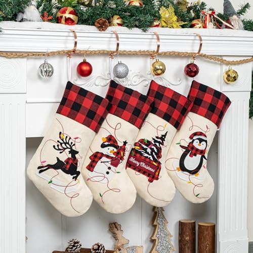 LUBOT Christmas Stockings Set of 4 Large Family Xmas Stocking 20" Silhouette Buffalo Red Plaid Fireplace Hanging Holiday Decor 4 Pack - Image 2