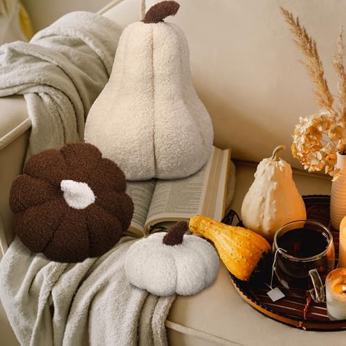 Beeveer 3 Pcs Fall Thanksgiving Pumpkin Pillows,Dark Brown & Cream - Image 5