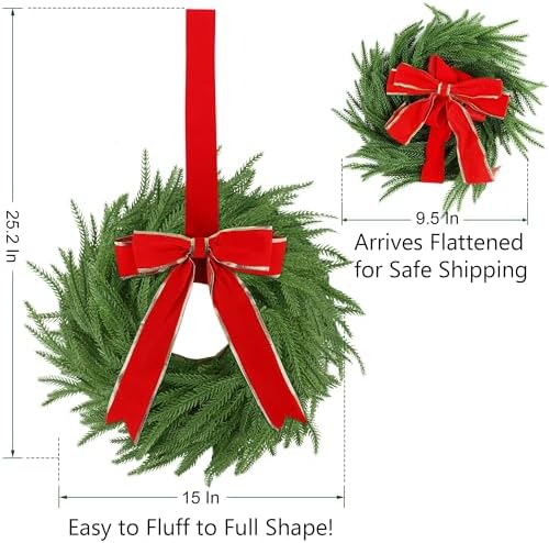 4 Pcs Christmas Wreaths for Front Door, 15 Inch Fluffable Artificial Norfolk Pine Wreath with Red Bow, Easy to Shape for Full & Lush Look, Indoor Outdoor Holiday Decor - Image 2