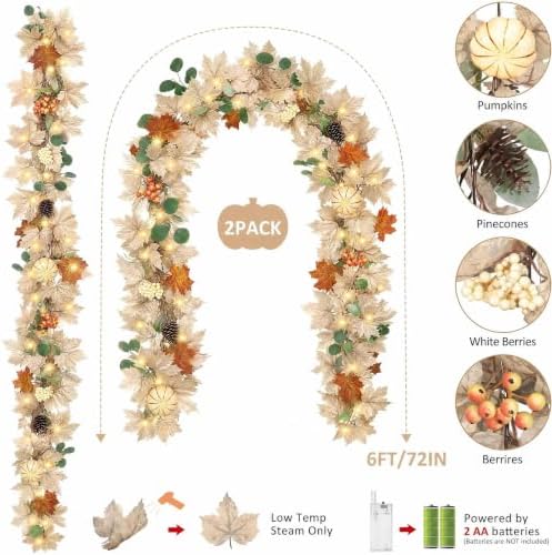 2 Pack 6 Ft Fall Leaves Garland Decor with Lights Pumpkins Pine Cone Berry - Image 2