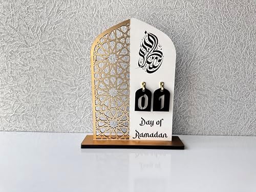 2 Pieces Wood Ramadan Decorations Islamic Eid Mubarak Kareem Table Sign Moon Hollow Star Ornament for Muslim Party Tabletop Decor Home Art Craft Decoration Golden Moon (Silver, Medium - 8"W x 12"H) - Image 2