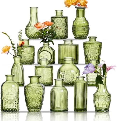 Glass Bud Vases Set of 16 - Green Assorted Small Mini Glass Vases for Flowers, Crystal Vintage Vase Set, Bulk Centerpieces for Table Décor, Wedding, Home and Events (Green, 16 Pcs) by Unknown