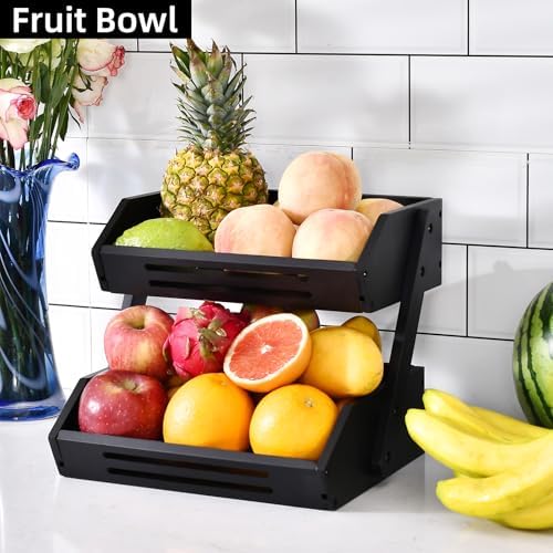 VIKEYHOME Kitchen Organizer with 2-Tier Bamboo Fruit Basket – Large Capacity, Space-Saving Fruit & Veggie Stand for Countertop, Snack Holder, Natural & Sturdy 15mm Thick Design - Image 4