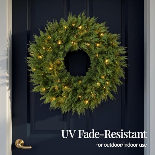 Best Choice Products Pre-Lit Cedar Cypress Christmas Wreath w/Twinkling LEDs, 60in Realistic Large Indoor/Outdoor Holiday Decor for Door, Plug-in - Image 6