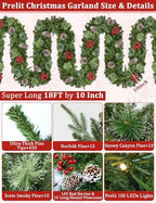 Super Long 8 Modes & Timer 18 Ft Prelit Christmas Garland for Outdoor Indoor Stair Porch 100 Warm White Lights 470 Realistic Snowy Branch Tips Red Berries Pinecone Xmas Garland Decorations Door Mantle - Image 3