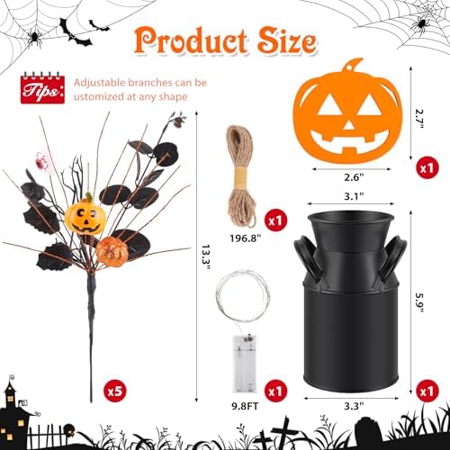 Halloween Table Deocr with 5 Pcs Artificial Pumpkin Eyeballs Eucalyptus Stems Black Iron Vase String Light and Wood Sign Halloween Centerpieces for Indoor Home Party Vase Arrangement Decorations - Image 2