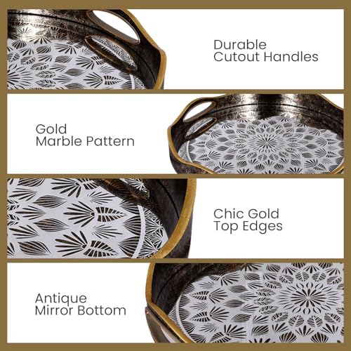 HOME ARCHIVE Round Serving Tray with with Handles Antique Look & Stylish Design Decorative Trays for Kitchen Round Ottoman Tray for Dinning Living Room & Home Decor Pack of 2 (Black-Gold) - Image 4