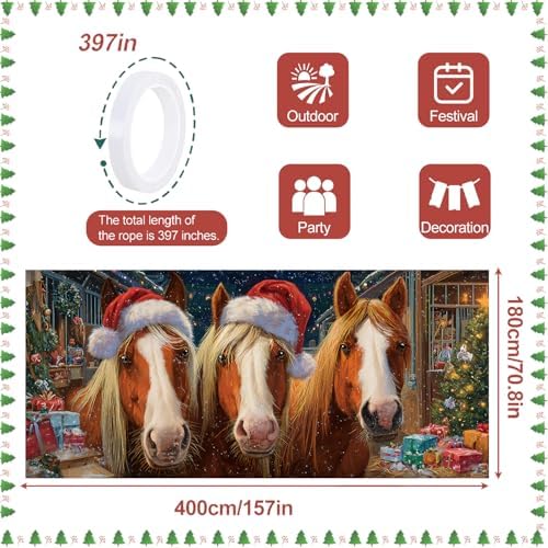 Christmas Garage Door Decorations 6x13FT, Three Horses with Santa Hats, Rustic Barn Holiday Banner for Outdoor Garage Door Cover - Image 4