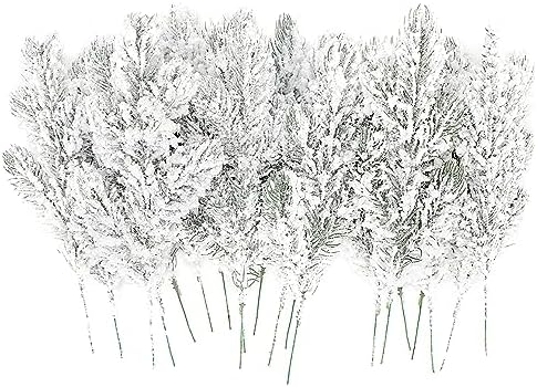 24Pcs Snowy Artificial Pine Needles Branches Twigs 10.6" Fake Frosted Pine Picks Greenery Stems Christmas Pine Tree Picks Winter Fir Pine Sprays Sprigs for Crafts Wreaths Garlands Holiday Decor by Kunjocy