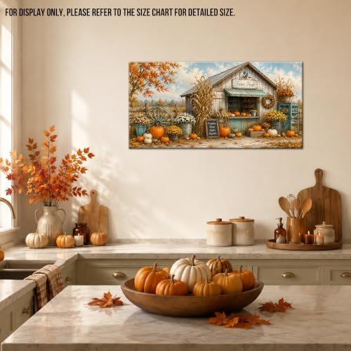 WAXWHELK Fall Canvas Wall Art, Autumn Rustic Farmhouse Painting Pictures of Farm Fresh Stand with Pumpkins and Mums, Thanksgiving Artwork for Living Room Bedroom Home Decor, (16"x32") - Image 3