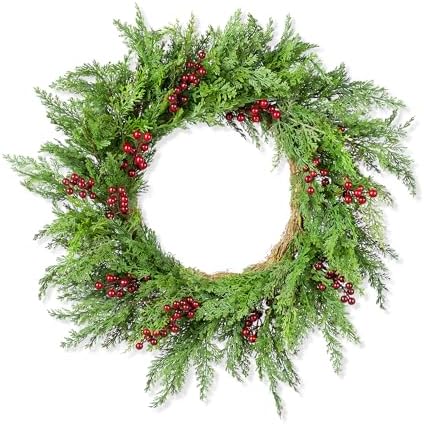 Glitzhome 24" D Christmas Wreath for Front Door, Real Touch Green Artificial Cedar Wreath with Red Berries for Porch, Window, Wall Indoor and Outdoor Home Decor - Image 3