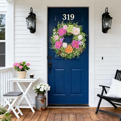 24 Inch Spring Summer Wreaths for Front Door: Realistic Silk Peonies & Hydrangeas with Berry Greenery, Faux Flower Wreath for All Seasons Indoor Outdoor Decor for Porch Wall Wedding Farmhouse Home - Image 4