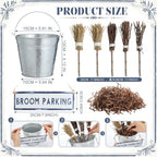 Pinkunn 7 Set Halloween Decor Broom Parking Sign with Wood Mini Witch Broom - Image 2