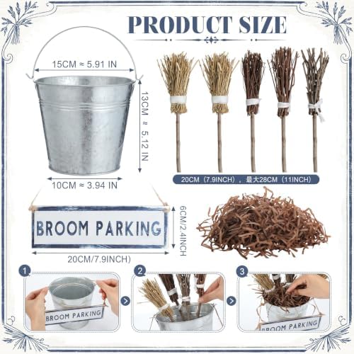 Pinkunn 7 Set Halloween Decor Broom Parking Sign with Wood Mini Witch Broom - Image 2