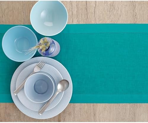 Solino Home 100% Pure Linen Table Runner Teal Hemstitch, 14 x 156 in - Image 3