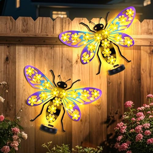 2 Pack Metal Bee Outdoor Wall Decor with 30 Led Solar Lights Decorative by JJALIGHTS