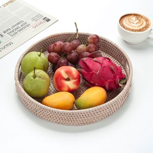 14" Round Rattan Tray, Hand Woven Serving Tray with Handles, Wicker Serving Basket, Decorative Tray for Home Decor, Whitewash - Image 7