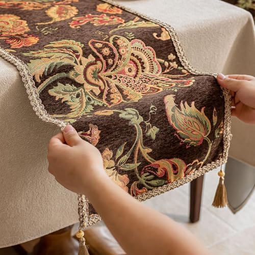 Floral Embroidered Dresser Runner 55x14 Inch Non-Slip Chenille, Brown - Image 2