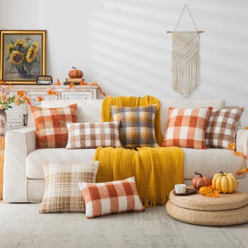 AQOTHES Plaid Fall Throw Pillow Covers Orange 26x26 Inch Set of 2 - Image 2