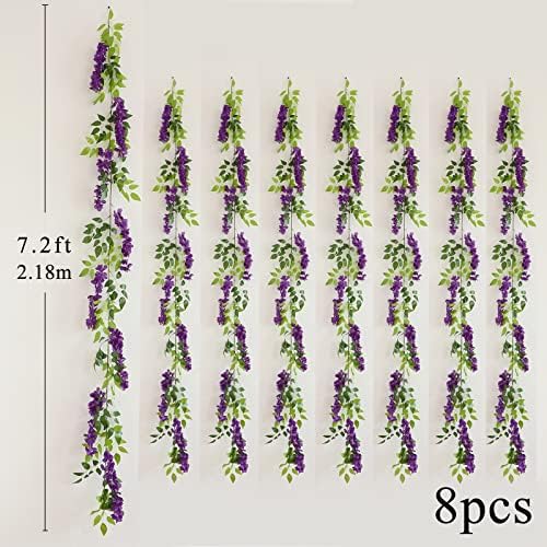 dallisten Wisteria Artificial Flowers Garland, 8Pcs 7.2Ft/Piece Silk Fake Wisteria Vine Kit, Hanging Flower for House Outdoor Garden Ceremony Outside Wedding Arch Floral Decor (8, Purple) - Image 4