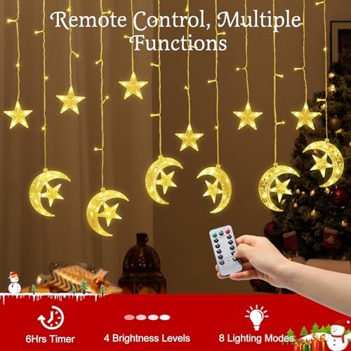 Lewondr 138 LEDs Star Moon String Curtain Lights, Warm Light - Image 3