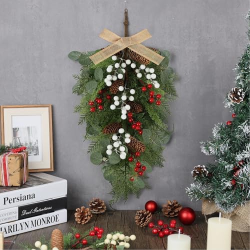 22" Christmas Wreaths for Front Door 4 PCS Christmas Teardrop Swag Artificial Winter Wreath with Red White Berry Pine Cone Eucalyptus for Front Door Indoor Outdoor Wall Hanging Wreaths Decor - Image 2