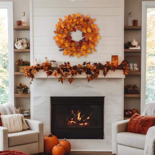 Artificial Fall Leaf Wreath for Front Door – 24" Autumn Wreath with Lifelike Fagus Sylvatica Foliages – Orange Yellow – Rustic Thanksgiving & Halloween Decoration for Indoor & Outdoor - Image 3