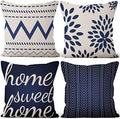 4 Pcs/Set Geometric Throw Pillow Covers Boho Home Sweet Home Decorative Minimalist Strips Plants Linen Pillow Cases for Outdoor Sofa Couch Decorative, 24"x24", Blue White by VieSavaran