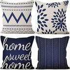 4 Pcs/Set Geometric Throw Pillow Covers Boho Home Sweet Home Decorative Minimalist Strips Plants Linen Pillow Cases for Outdoor Sofa Couch Decorative, 24"x24", Blue White by VieSavaran