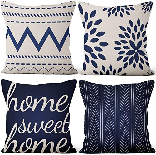 4 Pcs/Set Geometric Throw Pillow Covers Boho Home Sweet Home Decorative Minimalist Strips Plants Linen Pillow Cases for Outdoor Sofa Couch Decorative, 24"x24", Blue White by VieSavaran