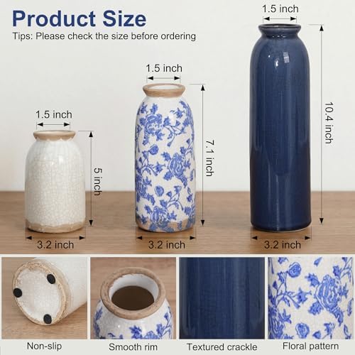Vintage Ceramic Vase Set of 3, Blue and White Small Flower Vase Chinoiserie Rustic Modern Farmhouse Centerpiece Decorative Vases for Table Entryway Bookshelf Living Room Kitchen Home Decor - Image 2