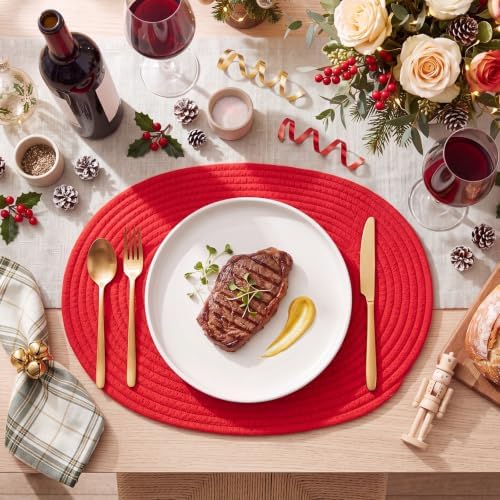 Oval Woven Placemats Set of 6, Cotton Rope 16x12 Inch, Red - Image 4