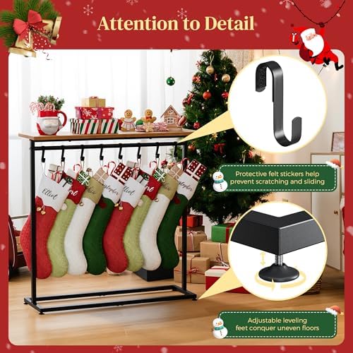 LAND·VOI 2-in-1 Woodtop Christmas Stocking Holder, Free Standing Display Shelf for Gifts & Treats, Stocking Stand with 8 Removable Hooks, Stable Base & Adjustable Feet, Black and Rustic - Image 5